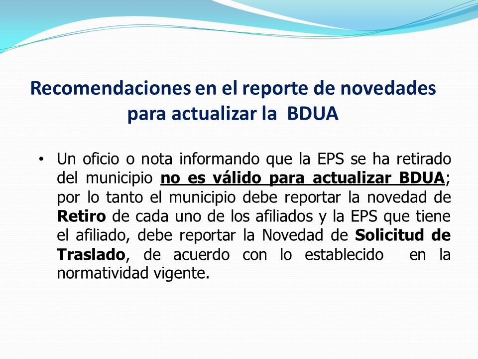 Recomendaciones en el reporte de novedades para actualizar la BDUA