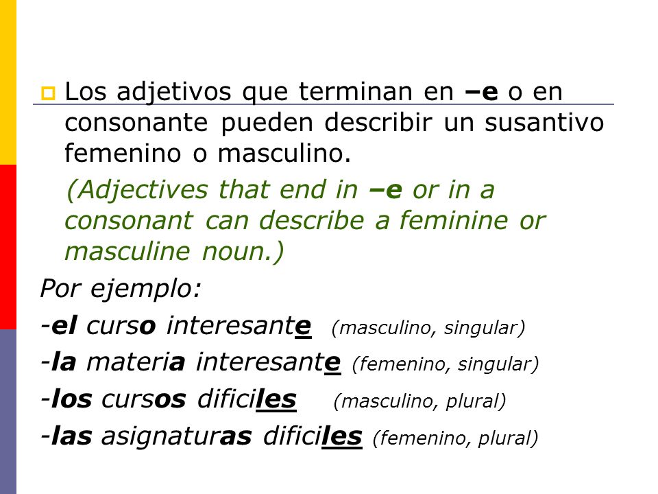 Los adjetivos que terminan en –e o en consonante pueden describir un susantivo femenino o masculino.