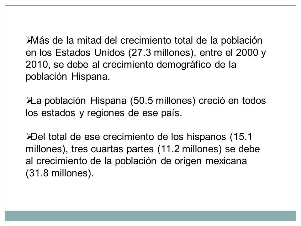 Más de la mitad del crecimiento total de la población en los Estados Unidos (27.3 millones), entre el 2000 y 2010, se debe al crecimiento demográfico de la población Hispana.
