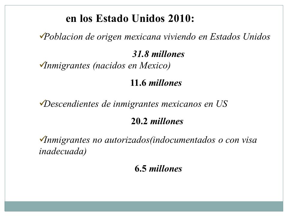 en los Estado Unidos 2010: Poblacion de origen mexicana viviendo en Estados Unidos millones.
