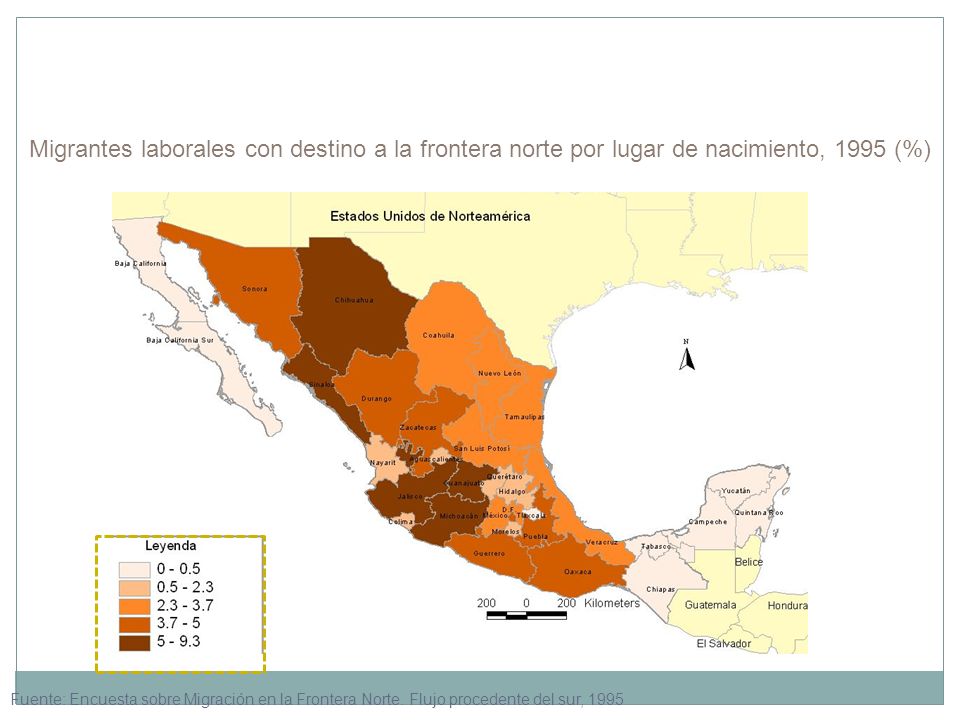Migrantes laborales con destino a la frontera norte por lugar de nacimiento, 1995 (%)