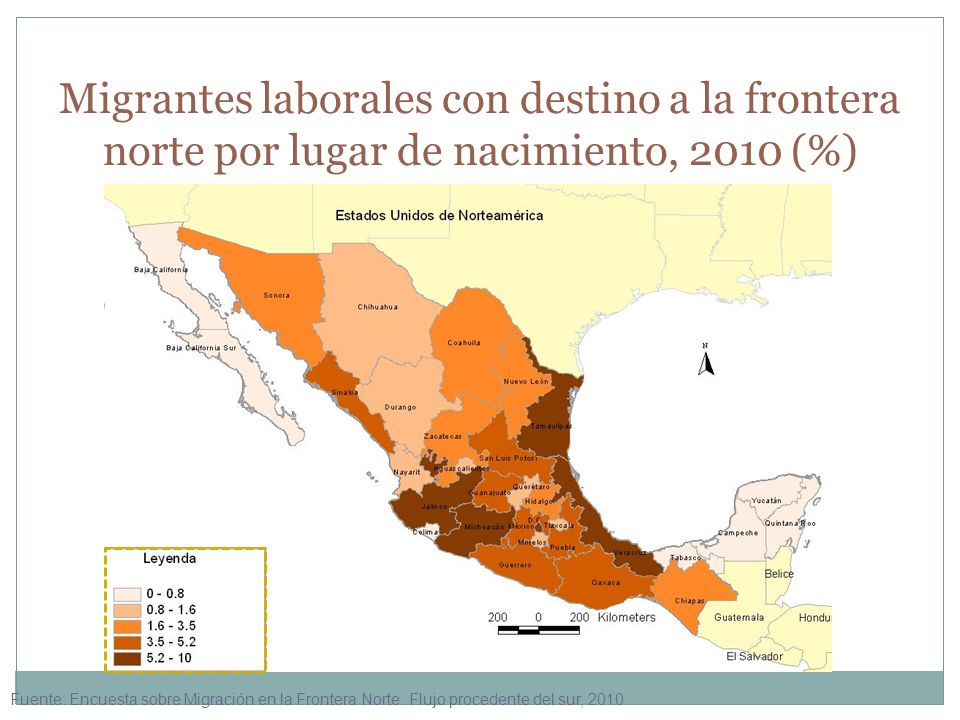 Migrantes laborales con destino a la frontera norte por lugar de nacimiento, 2010 (%)
