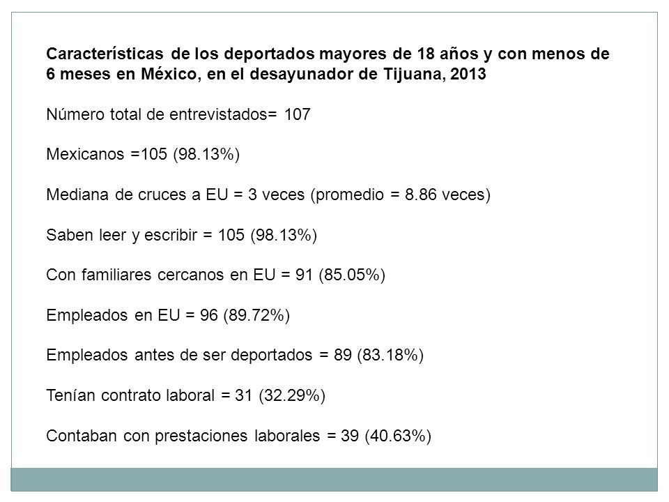 Características de los deportados mayores de 18 años y con menos de 6 meses en México, en el desayunador de Tijuana, 2013