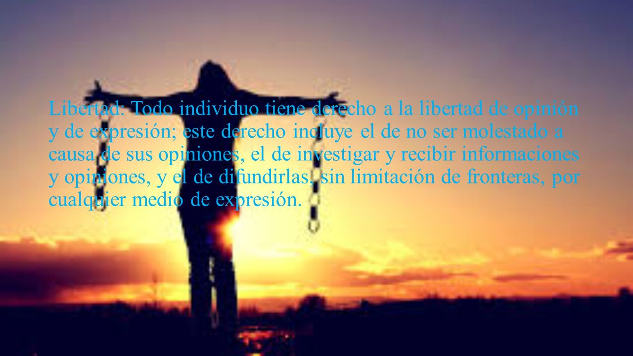 Libertad: Todo individuo tiene derecho a la libertad de opinión y de expresión; este derecho incluye el de no ser molestado a causa de sus opiniones, el de investigar y recibir informaciones y opiniones, y el de difundirlas, sin limitación de fronteras, por cualquier medio de expresión.