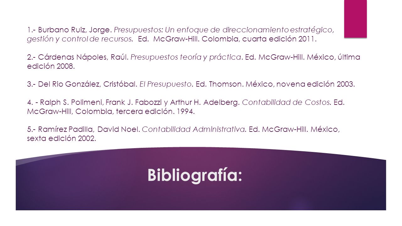 1.- Burbano Ruiz, Jorge. Presupuestos: Un enfoque de direccionamiento estratégico, gestión y control de recursos. Ed. McGraw-Hill. Colombia, cuarta edición 2011.