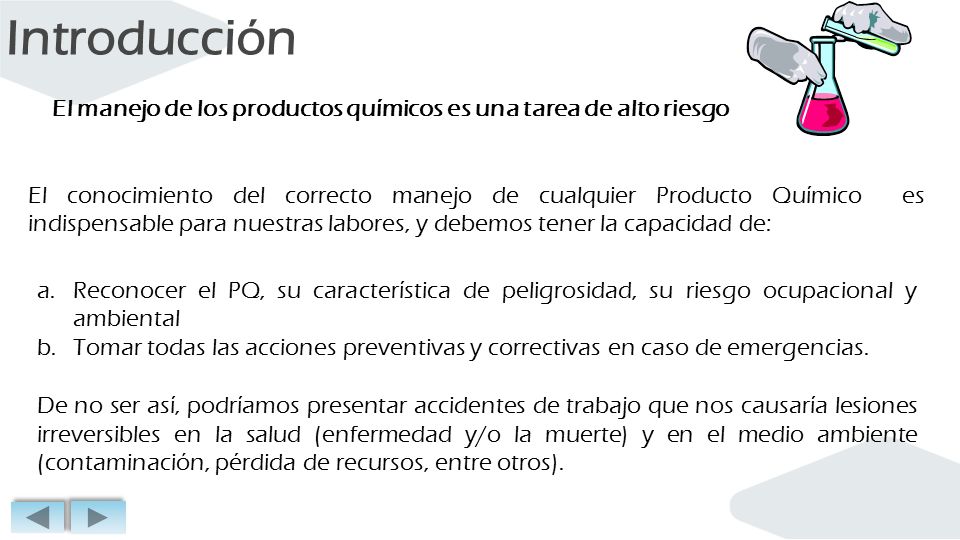 Introducción El manejo de los productos químicos es una tarea de alto riesgo.
