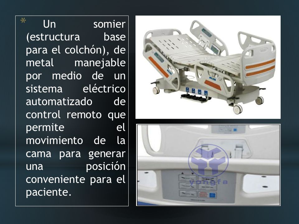 Un somier (estructura base para el colchón), de metal manejable por medio de un sistema eléctrico automatizado de control remoto que permite el movimiento de la cama para generar una posición conveniente para el paciente.