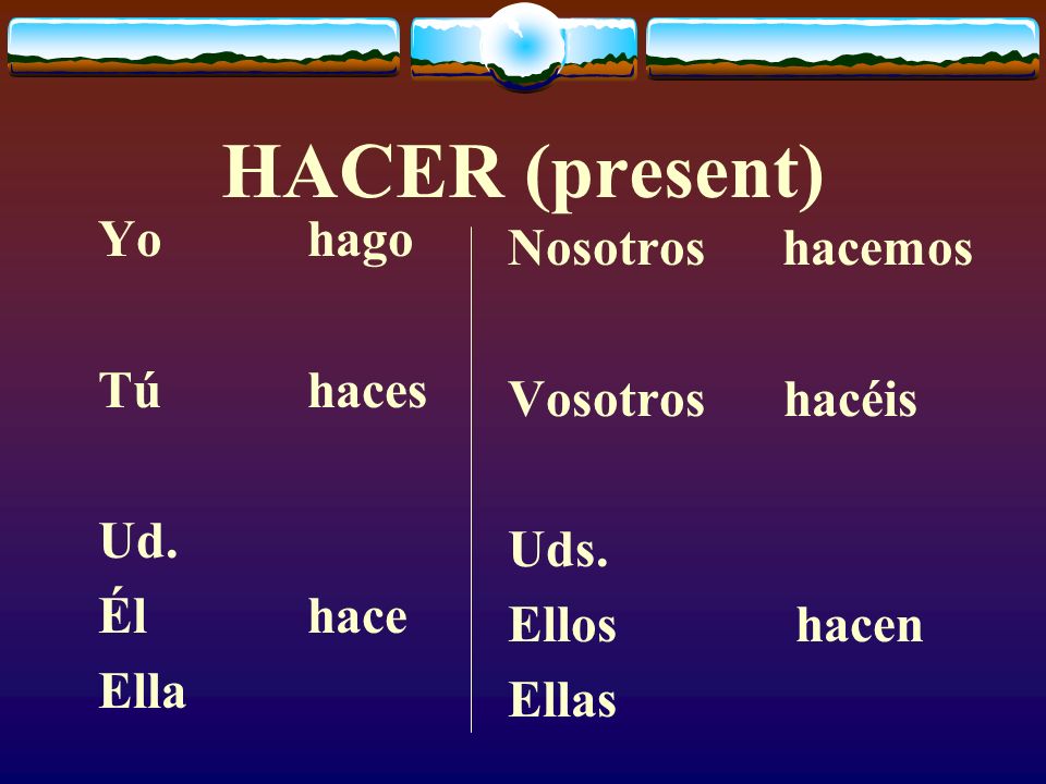 HACER (present) Yo hago Nosotros hacemos Tú haces Vosotros hacéis Ud.