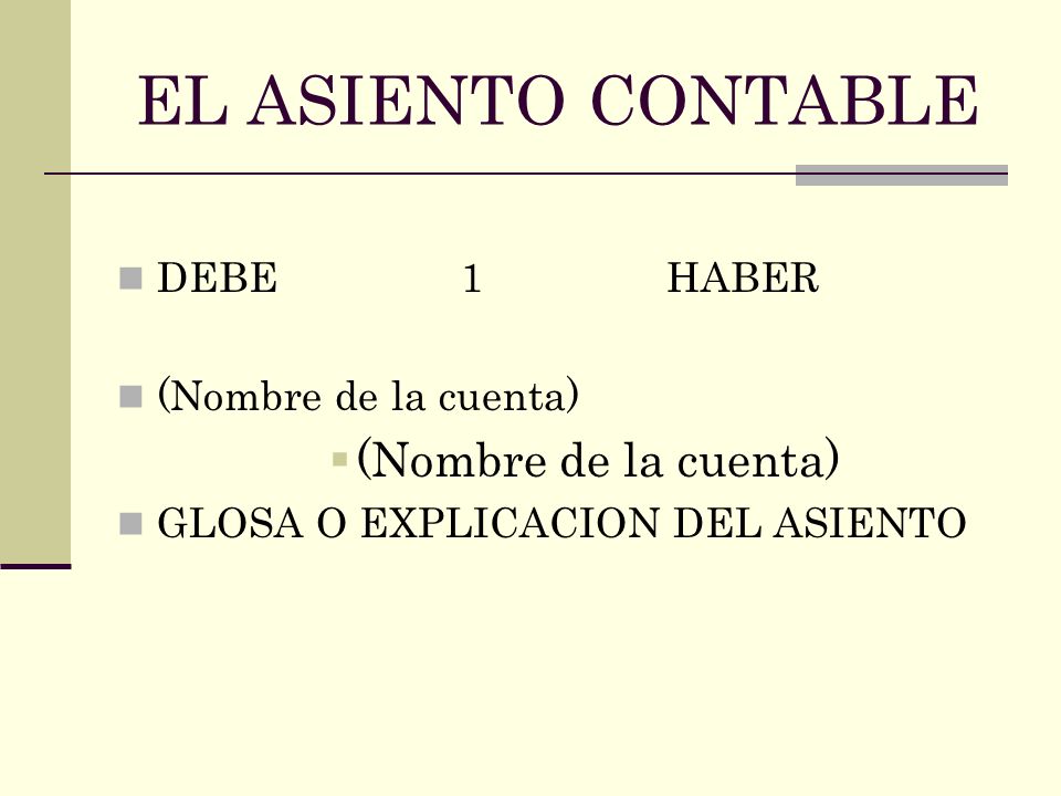 EL ASIENTO CONTABLE DEBE 1 HABER (Nombre de la cuenta)