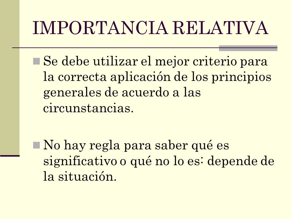 IMPORTANCIA RELATIVA Se debe utilizar el mejor criterio para la correcta aplicación de los principios generales de acuerdo a las circunstancias.
