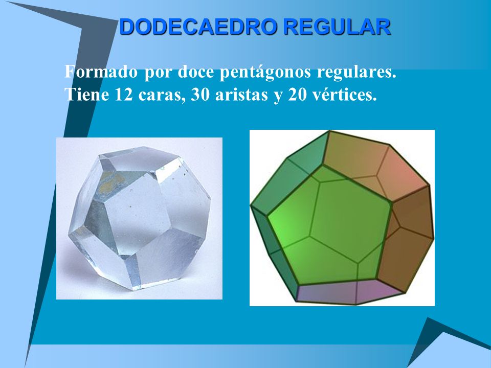 DODECAEDRO REGULAR Formado por doce pentágonos regulares. Tiene 12 caras, 30 aristas y 20 vértices.