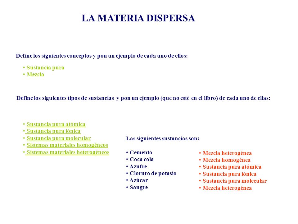 LA MATERIA DISPERSA Define los siguientes conceptos y pon un ejemplo de cada uno de ellos: Sustancia pura.