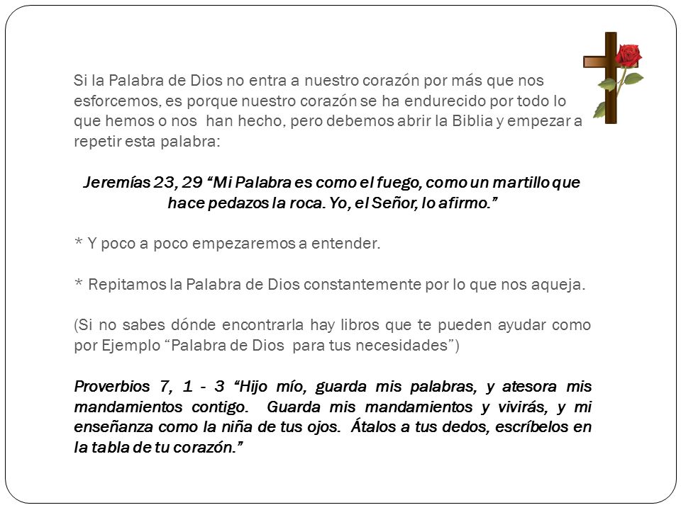 Si la Palabra de Dios no entra a nuestro corazón por más que nos esforcemos, es porque nuestro corazón se ha endurecido por todo lo que hemos o nos han hecho, pero debemos abrir la Biblia y empezar a repetir esta palabra: