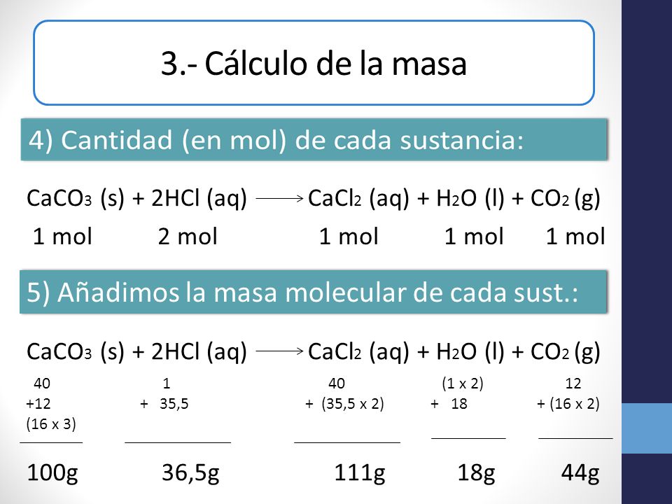 3.- Cálculo de la masa 5) Añadimos la masa molecular de cada sust.: