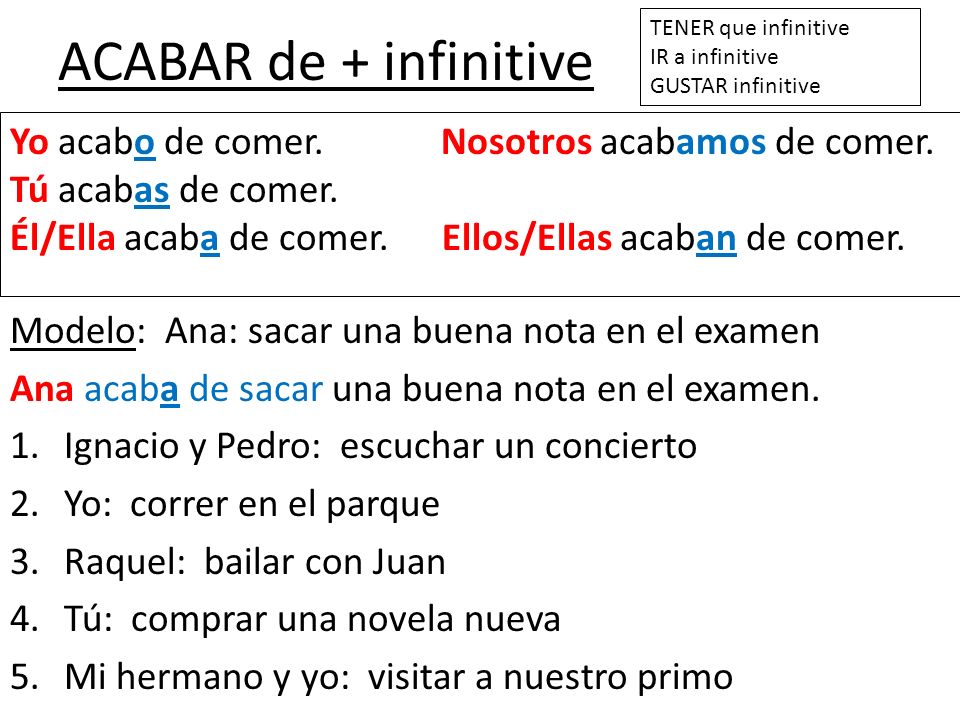 ACABAR de + infinitive Yo acabo de comer. Nosotros acabamos de comer.
