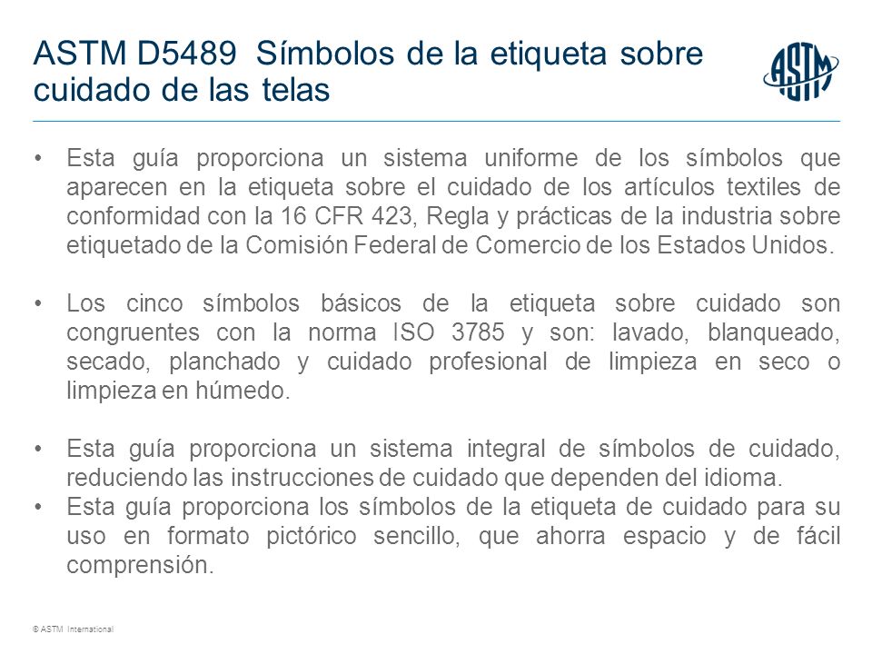 ASTM D5489 Símbolos de la etiqueta sobre cuidado de las telas