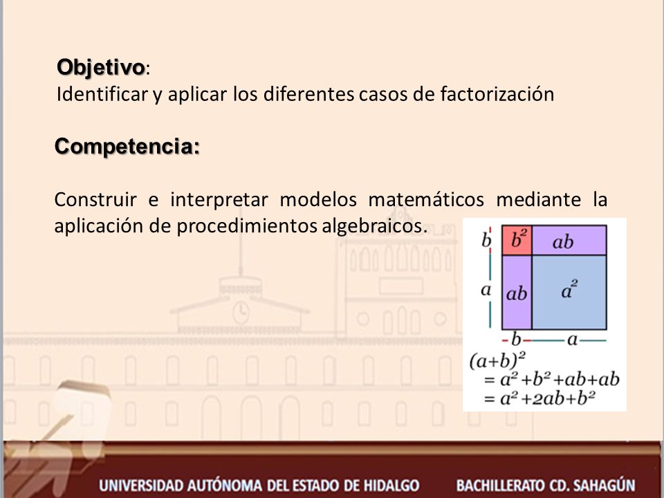 Objetivo: Identificar y aplicar los diferentes casos de factorización. Competencia: