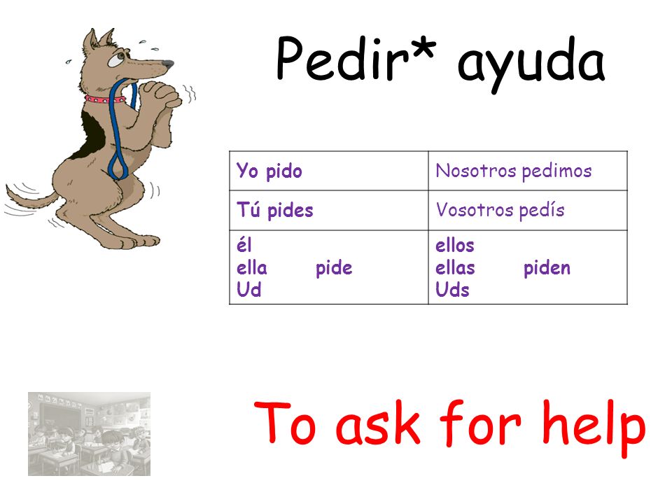Pedir* ayuda To ask for help Yo pido Nosotros pedimos Tú pides