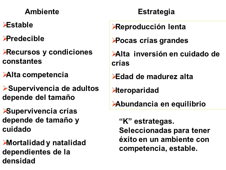 Ambiente Estrategia. Estable. Predecible. Recursos y condiciones constantes. Alta competencia. Supervivencia de adultos depende del tamaño.