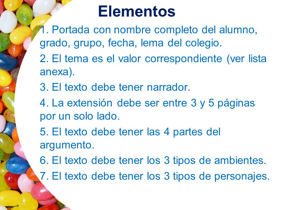 Elementos 1. Portada con nombre completo del alumno, grado, grupo, fecha, lema del colegio.