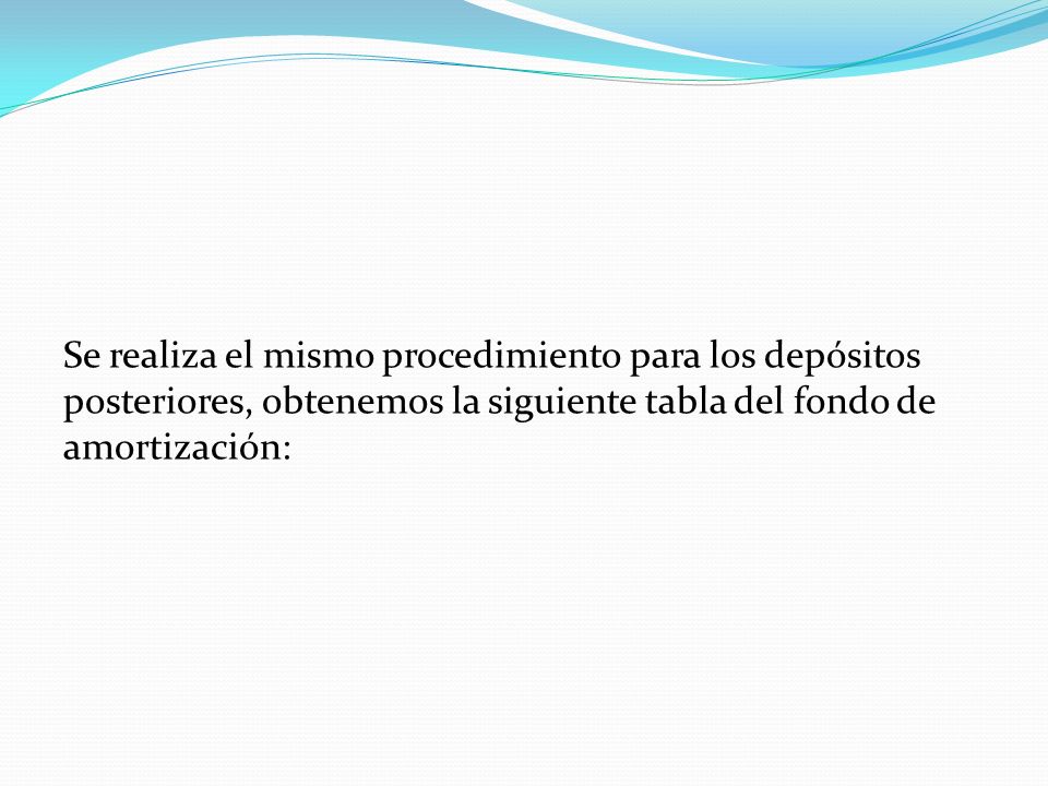 Se realiza el mismo procedimiento para los depósitos posteriores, obtenemos la siguiente tabla del fondo de amortización: