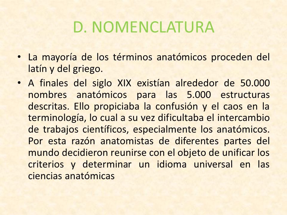 D. NOMENCLATURA La mayoría de los términos anatómicos proceden del latín y del griego.