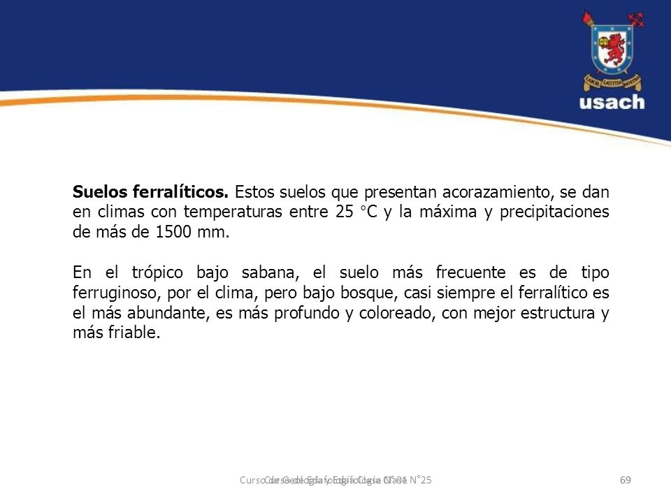 Suelos ferralíticos. Estos suelos que presentan acorazamiento, se dan en climas con temperaturas entre 25 °C y la máxima y precipitaciones de más de 1500 mm.
