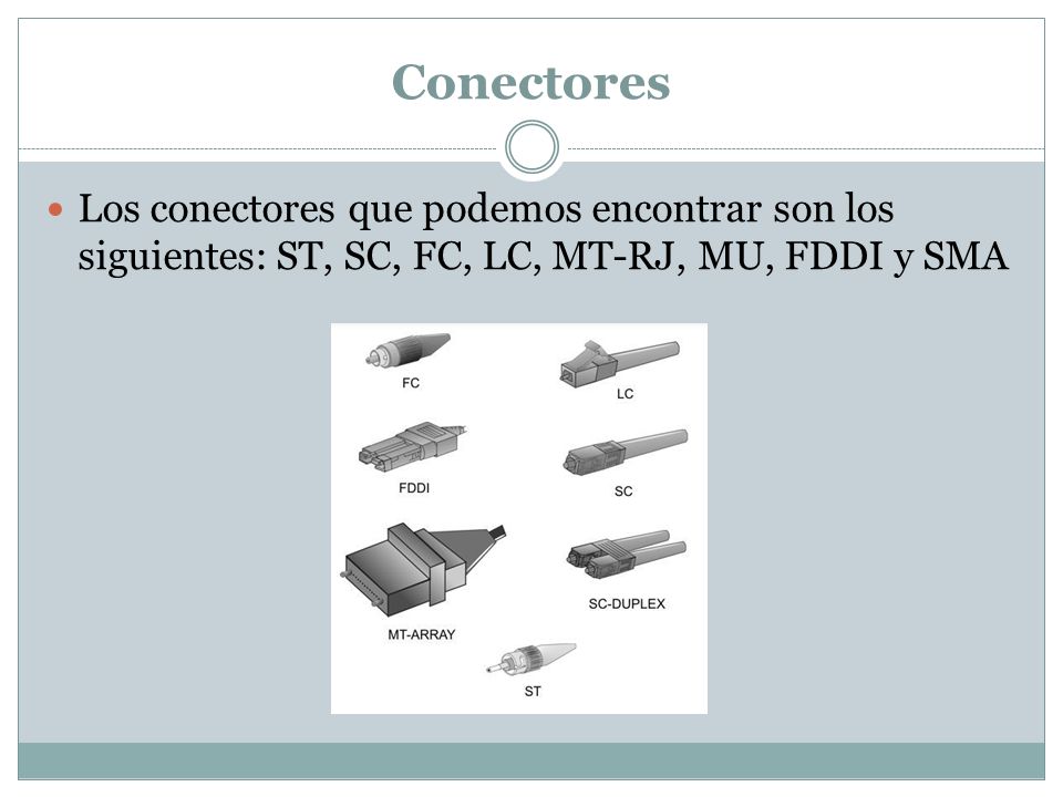 Conectores Los conectores que podemos encontrar son los siguientes: ST, SC, FC, LC, MT-RJ, MU, FDDI y SMA.