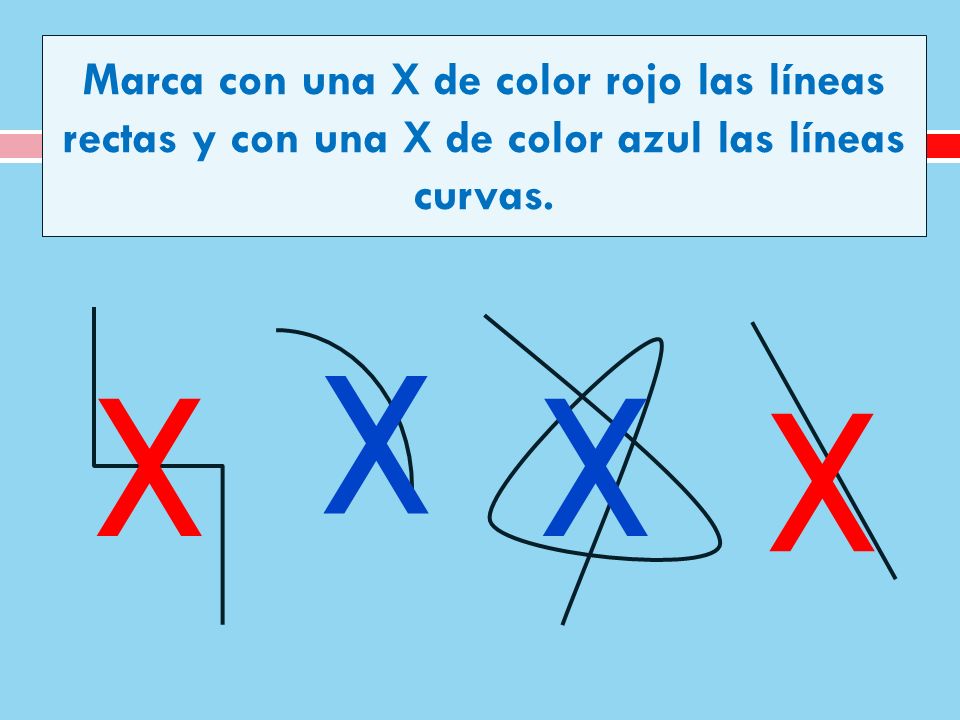 Marca con una X de color rojo las líneas rectas y con una X de color azul las líneas curvas.