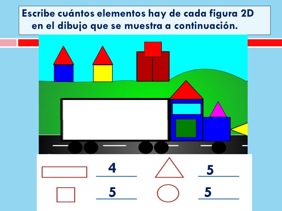 Escribe cuántos elementos hay de cada figura 2D en el dibujo que se muestra a continuación.