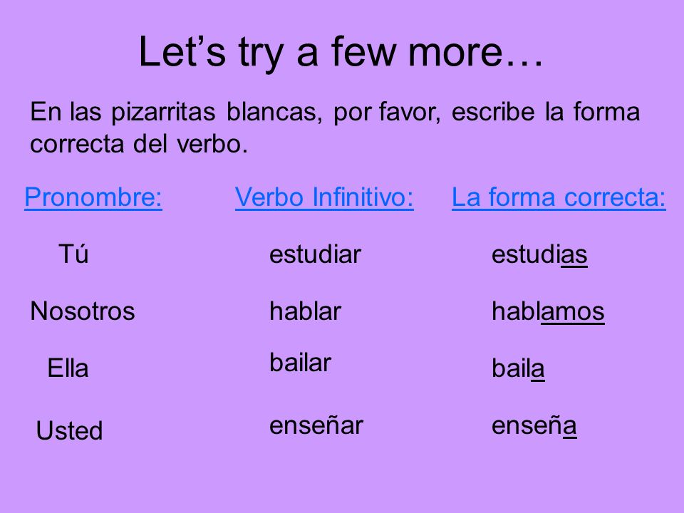 Let’s try a few more… En las pizarritas blancas, por favor, escribe la forma correcta del verbo. Pronombre:
