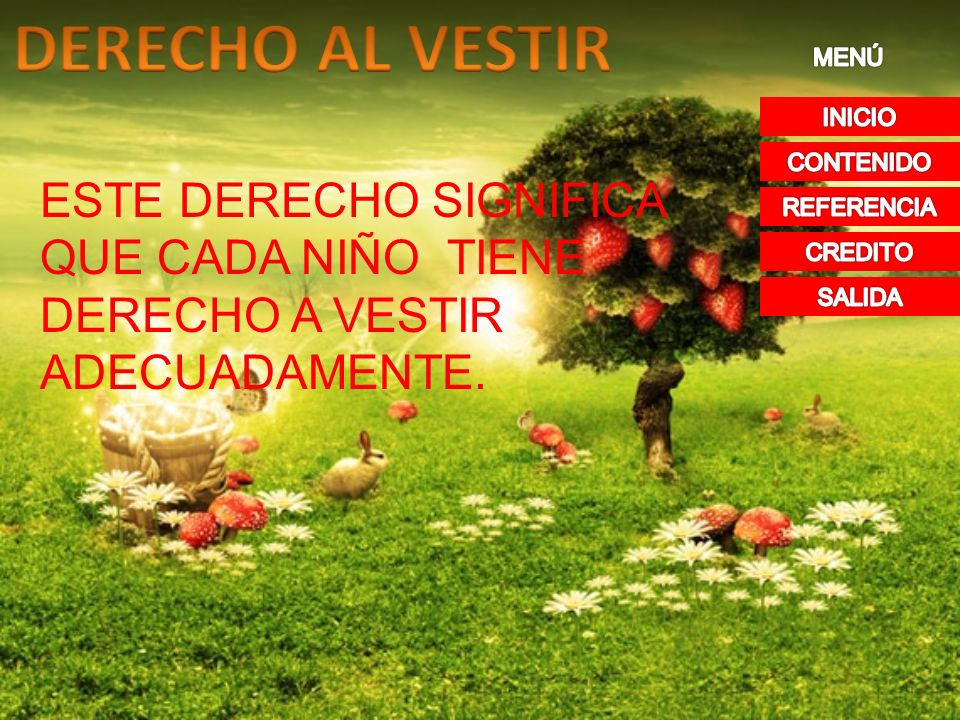 DERECHO AL VESTIR MENÚ. INICIO. CONTENIDO. ESTE DERECHO SIGNIFICA QUE CADA NIÑO TIENE DERECHO A VESTIR ADECUADAMENTE.