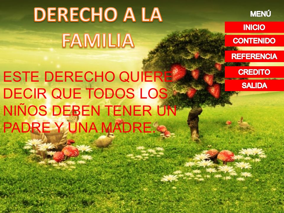 DERECHO A LA FAMILIA MENÚ. INICIO. CONTENIDO. REFERENCIA. ESTE DERECHO QUIERE DECIR QUE TODOS LOS NIÑOS DEBEN TENER UN PADRE Y UNA MADRE.