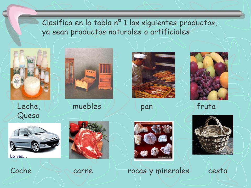 Clasifica en la tabla nº 1 las siguientes productos,