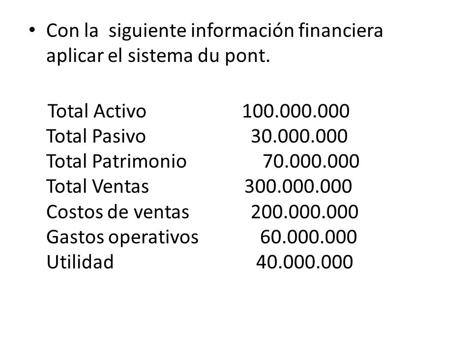 Con la siguiente información financiera aplicar el sistema du pont.