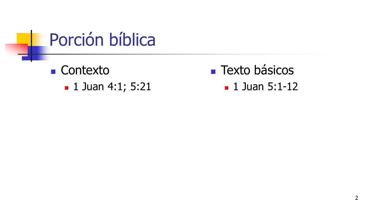 Porción bíblica Contexto 1 Juan 4:1; 5:21 Texto básicos 1 Juan 5:1-12