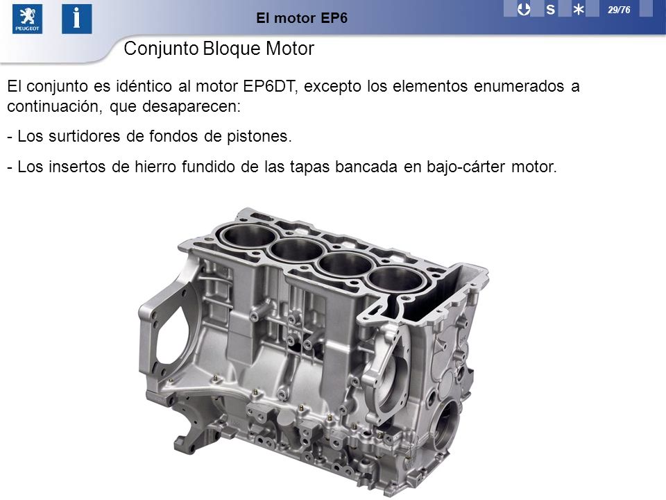 El motor EP6 Conjunto Bloque Motor. El conjunto es idéntico al motor EP6DT, excepto los elementos enumerados a continuación, que desaparecen: