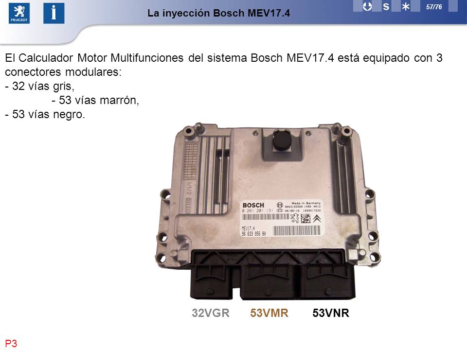 La inyección Bosch MEV17.4 El Calculador Motor Multifunciones del sistema Bosch MEV17.4 está equipado con 3 conectores modulares: