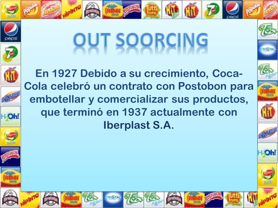 En 1927 Debido a su crecimiento, Coca-Cola celebró un contrato con Postobon para embotellar y comercializar sus productos, que terminó en 1937 actualmente con Iberplast S.A.