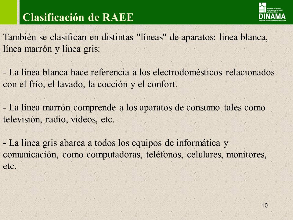 Clasificación de RAEE También se clasifican en distintas líneas de aparatos: línea blanca, línea marrón y línea gris:
