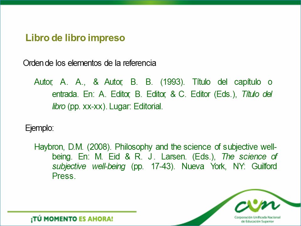 Libro de libro impreso Orden de los elementos de la referencia