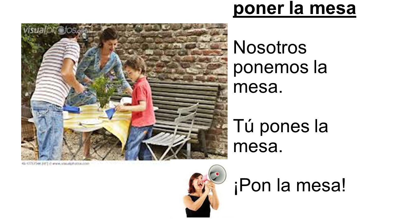 poner la mesa Nosotros ponemos la mesa. Tú pones la mesa. ¡Pon la mesa!