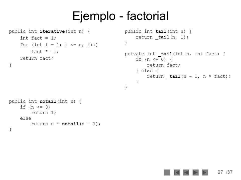 Ejemplo - factorial public int iterative(int n) { int fact = 1;