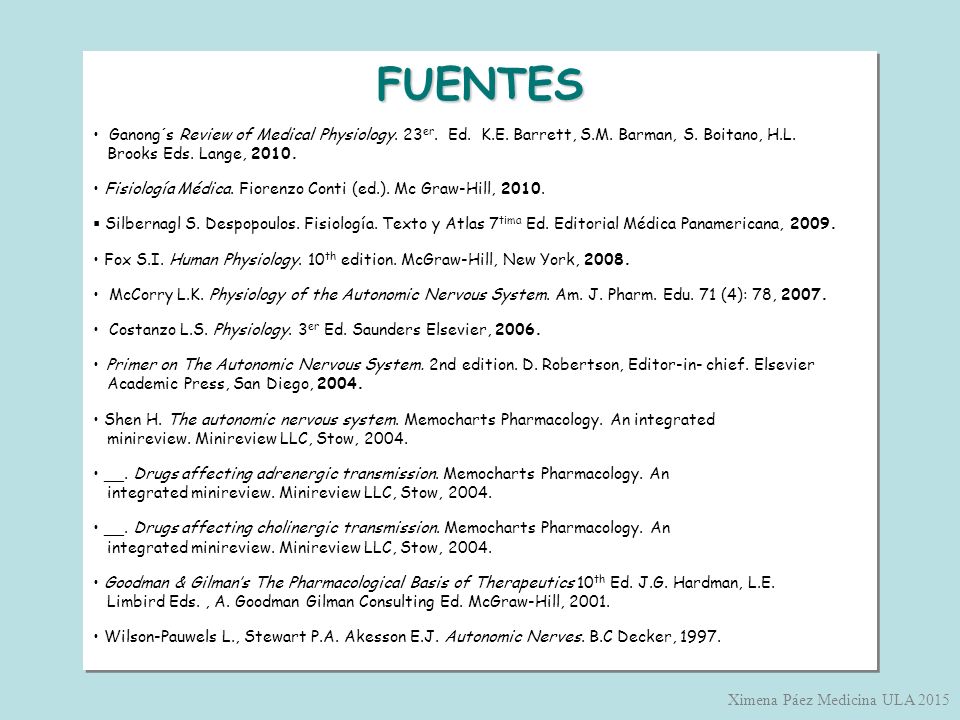 FUENTES Ganong´s Review of Medical Physiology. 23er. Ed. K.E. Barrett, S.M. Barman, S. Boitano, H.L.