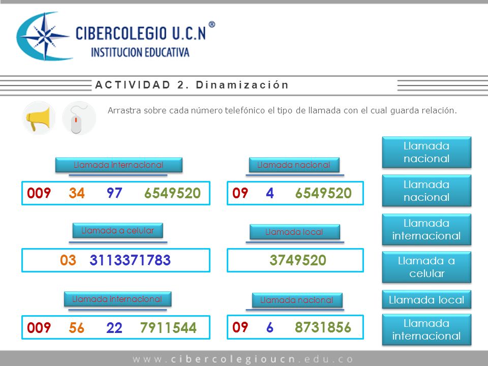Texto alternativo: ACTIVIDAD 2. Dinamización. Arrastra sobre cada número telefónico el tipo de llamada con el cual guarda relación.