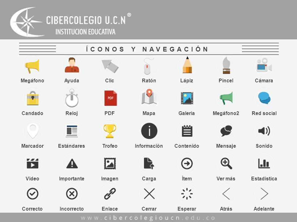 ÍCONOS Y NAVEGACIÓN Megáfono Ayuda Clic Ratón Lápiz Pincel Cámara