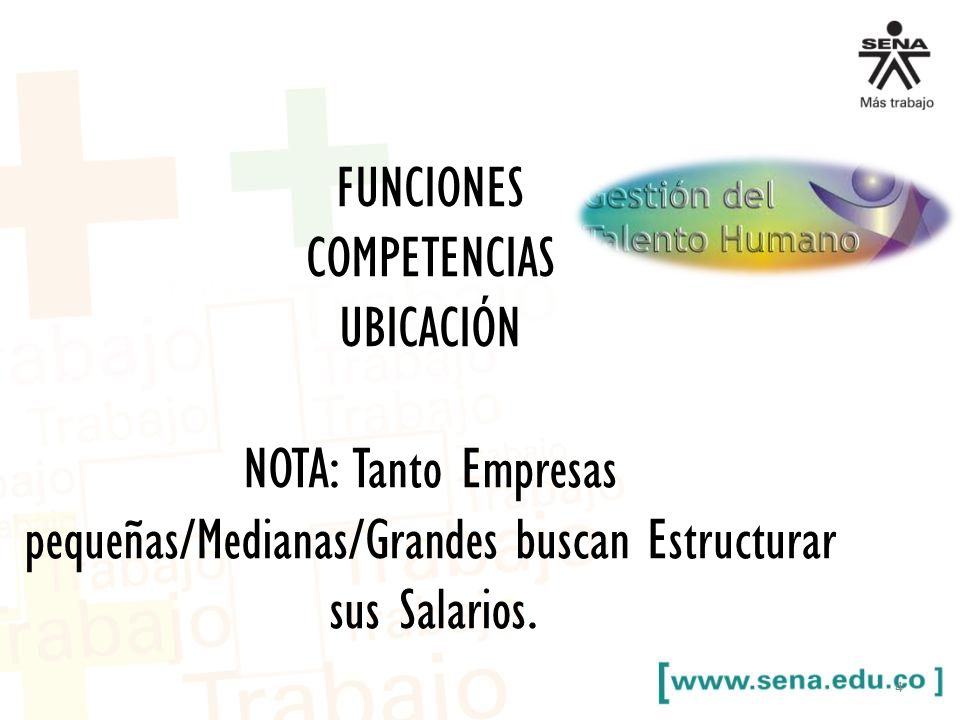 FUNCIONES COMPETENCIAS UBICACIÓN NOTA: Tanto Empresas pequeñas/Medianas/Grandes buscan Estructurar sus Salarios.