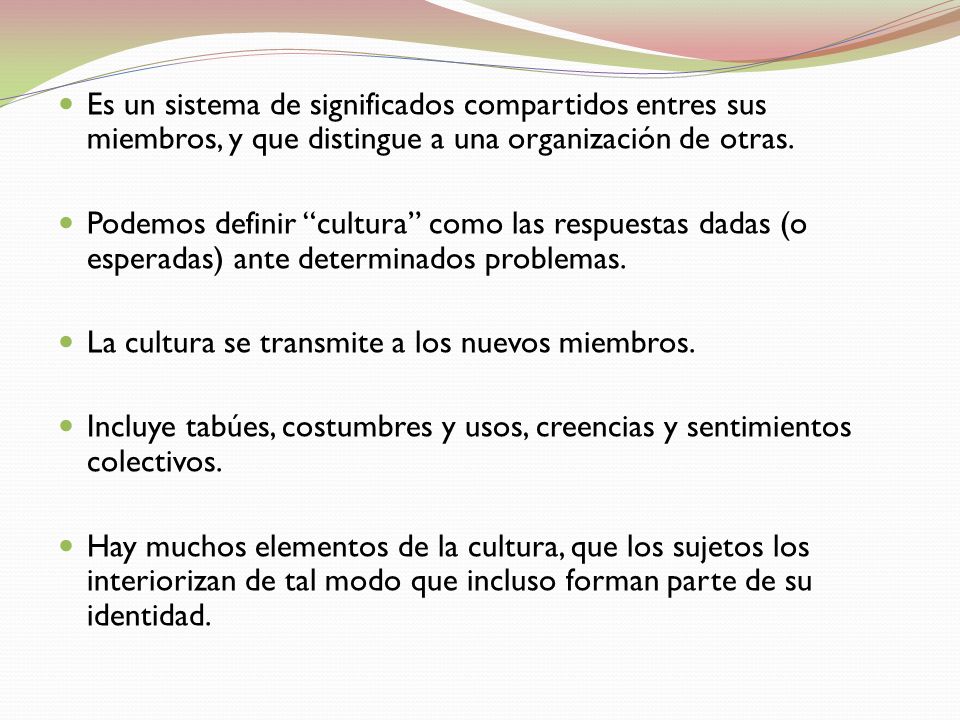Es un sistema de significados compartidos entres sus miembros, y que distingue a una organización de otras.