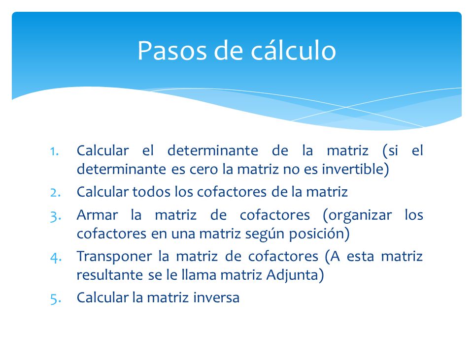 Pasos de cálculo Calcular el determinante de la matriz (si el determinante es cero la matriz no es invertible)