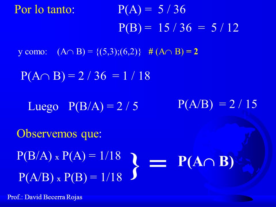 } = P(A B) Por lo tanto: P(A) = 5 / 36 P(B) = 15 / 36 = 5 / 12